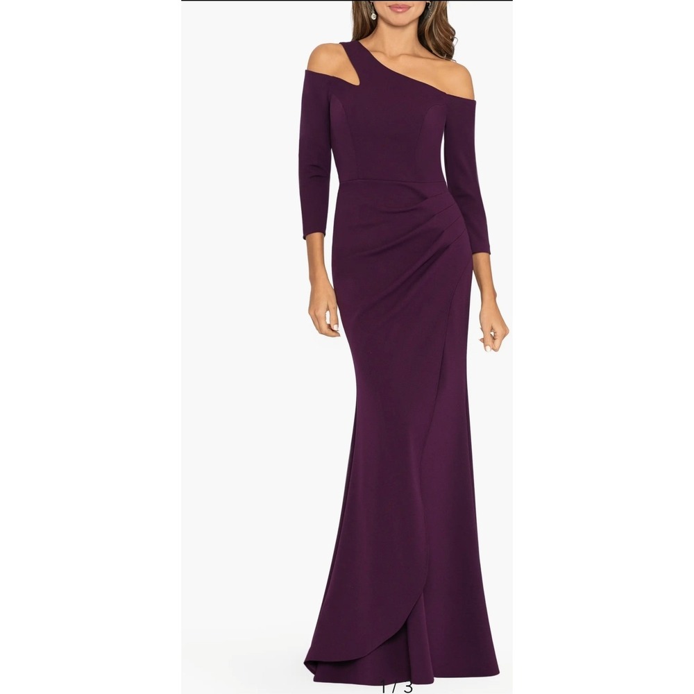 Xscape 4 Off the Shoulder Three-Quarter Sleeve Scuba Gown Maxi Dress Plum Purple